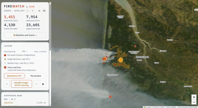 Satellietbeeld met rookpluim over de Gironde en actieve branddetecties, juli 2026